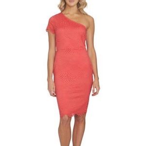 1. State | Coral Lace One Shoulder Midi Dress